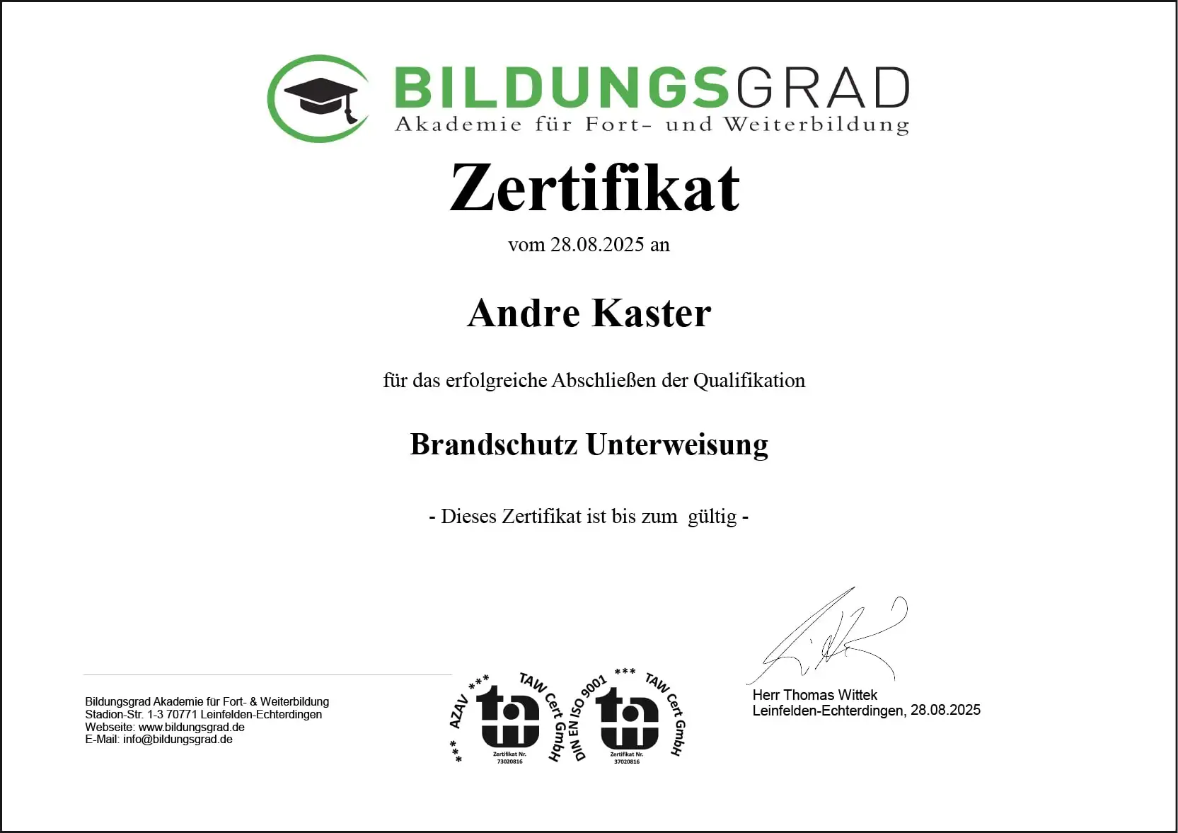 Zertifikat Brandschutz-Unterweisung